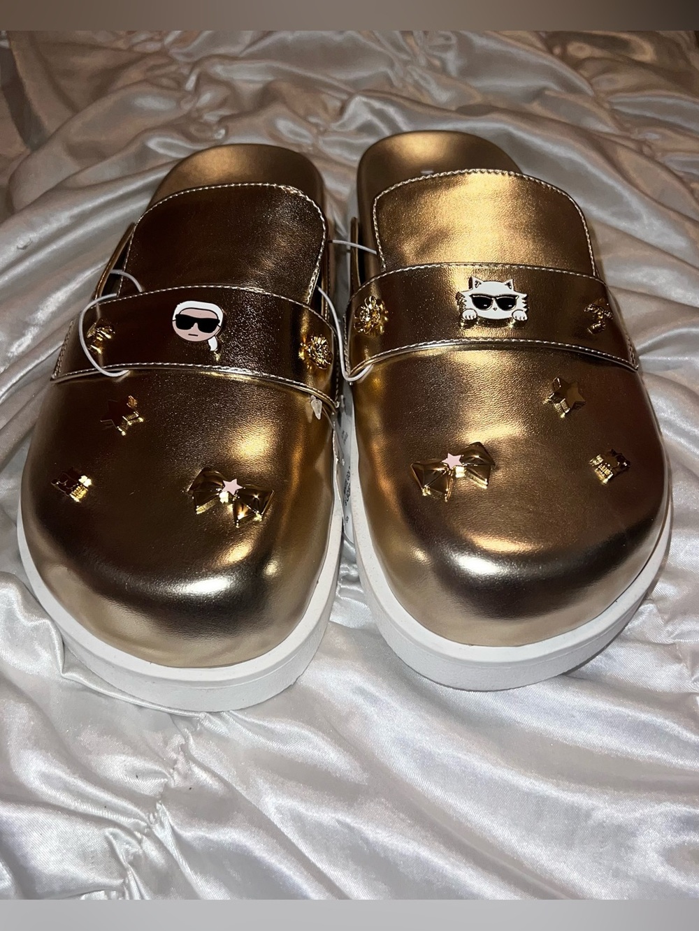 metallic gold Karl Lagerfeld Paris Islay Macaron Flat Mules